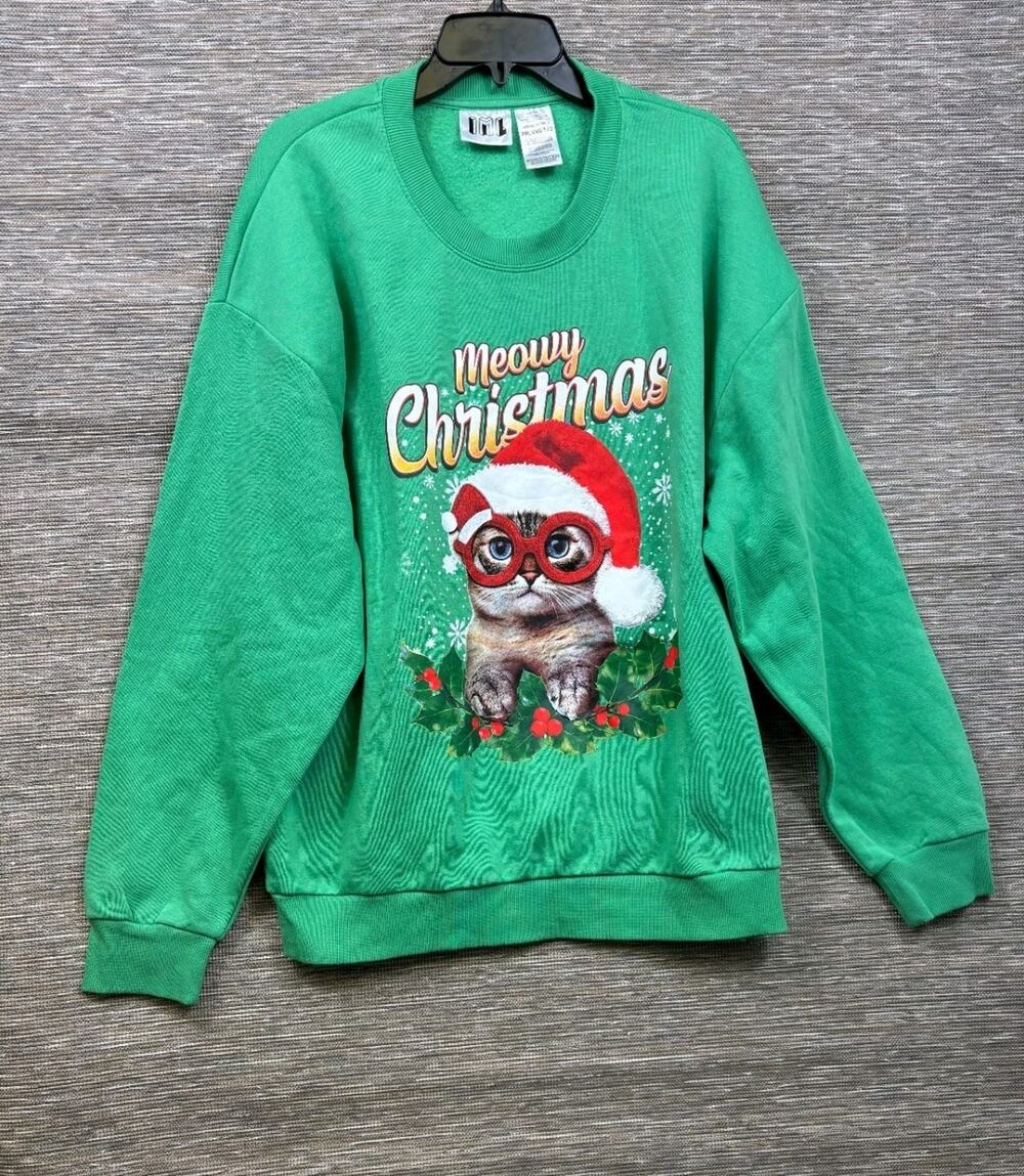 Isaac Morris Meowy Christmas Singing Cat Sweatshirt Sz XXL Green Ugly Christmas